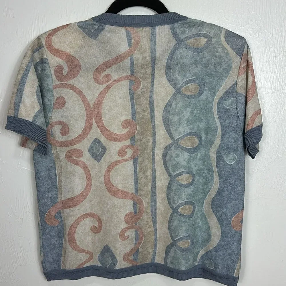 Vintage Pastel Colors Printed Short Sleeve Button Front Cardigan Size M